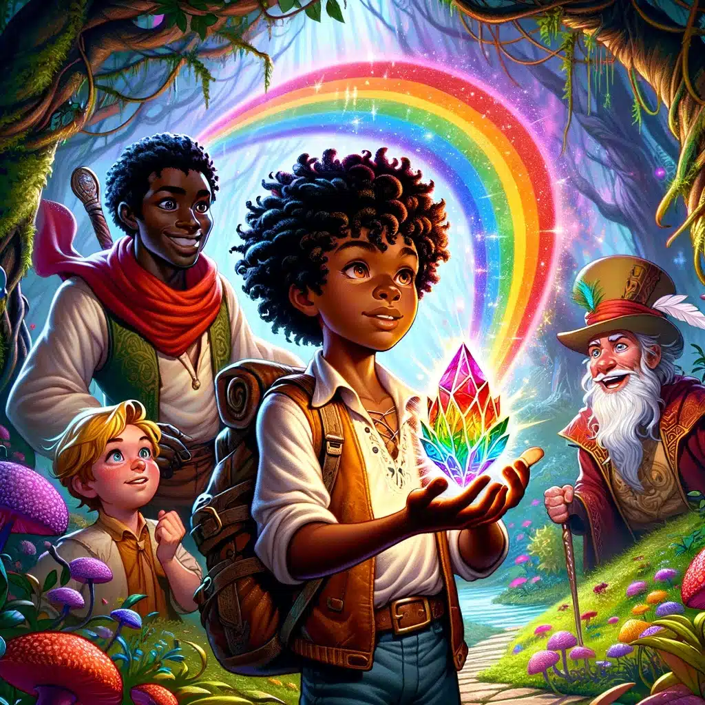 John returning the Rainbow Crystal to its rightful place in the Enchanted Forest, with Bobby, Xena, and a repentant Whisk watching